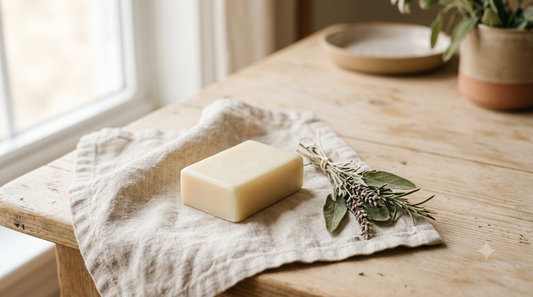 A handmade natural lotion bar resting on linen with fresh herbs by a window