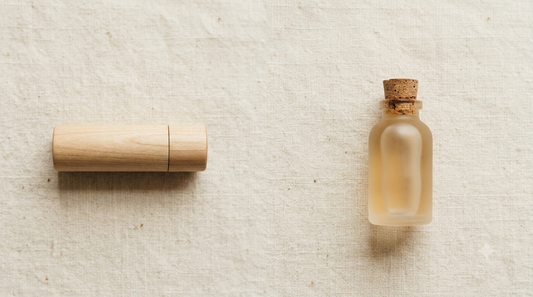 A wooden balm stick beside a small bottle of hand lotion on natural linen