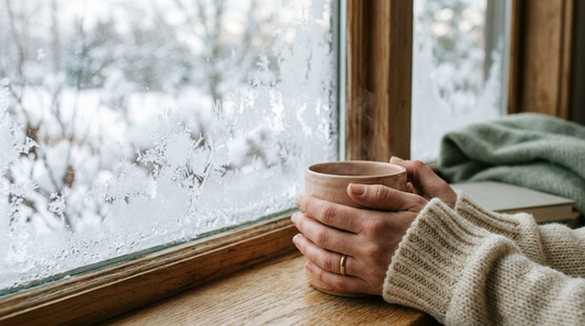 Hands wrapped around a warm mug beside a frosted winter window