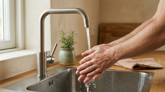 Hands being washed under running water at a kitchen sink
