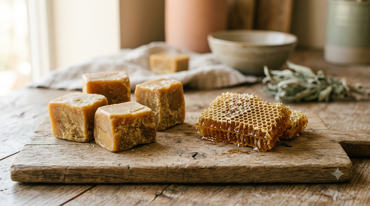 Honeycomb and blocks of natural beeswax on a wooden board with fresh sage