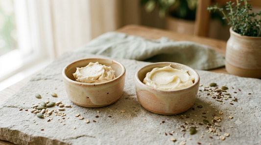 Two small bowls of whipped cupuacu butter and shea butter side by side on linen