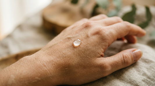 A single droplet of hand cream sitting on the back of a dry hand
