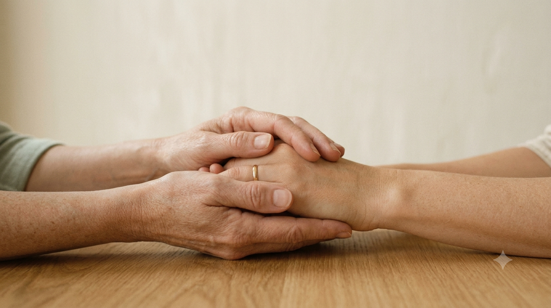 Two hands clasped gently together on a wooden table after applying balm