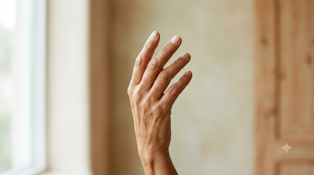 A hand held up to the window light, showing dry, flaking skin on the fingers