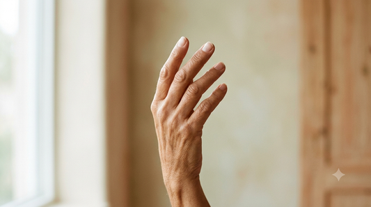A hand held up to the window light, showing dry, flaking skin on the fingers