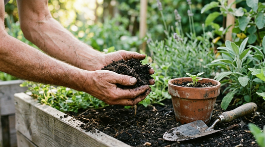 A gardener's bare hands holding dark soil over a raised herb bed beside a trowel